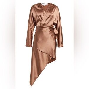 NEW Mother of All Demi Long Sleeve Stretch Silk Faux Wrap Dress Mocha Size L
